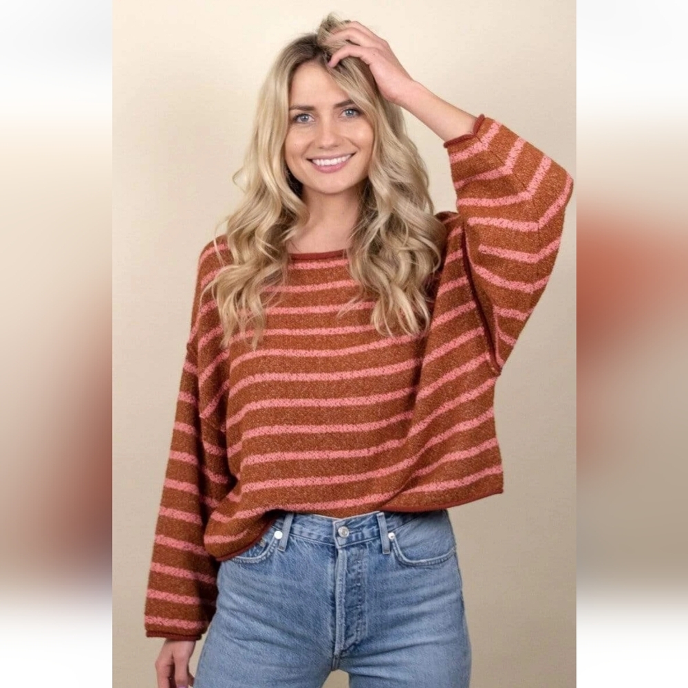 Free People‎ Striped Bardot Oversize Cropped Sweater Brown and Light Pink